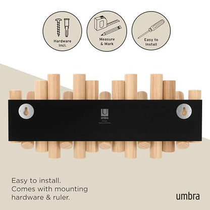 Umbra Picket Coat Rack, Wall Mount 5 Flip-Down Coat Hooks, Natural | Beveled pine wood dowels, supports up to 5 lbs, mounting hardware included, space saving