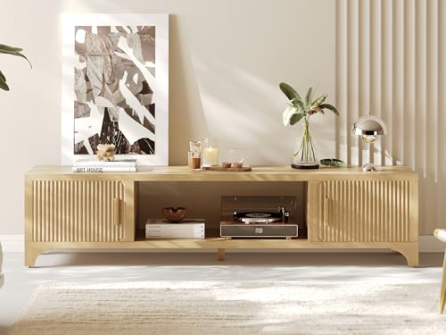 Fluted Oak TV Stands for 65/70/75 Inch TV, Boho Media Console for Living Room, TV Entertainment Center with Storage, Wood Television Cabinet for Bedroom
