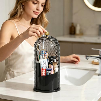 Dustproof Toothbrush Holder with Lid, 360 Rotating Countertop Electric Toothbrush Toothpaste Holders with Cover for Bathroom, 3 Slots Makeup Brush Holder with Lid for Vanity, Black