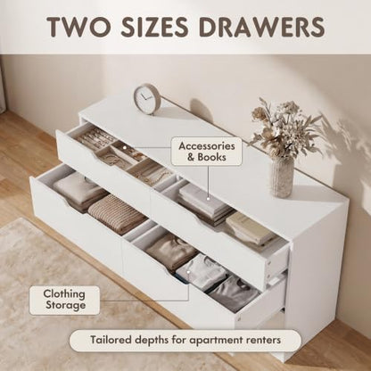 YESHOMY Dresser for Bedroom, 47.2" Modern Wood Chest with 6 Drawers, White | Two Drawer Sizes, Anti-Tip, Storage Cabinet & TV Stand for Living Room, Closet, Entryway