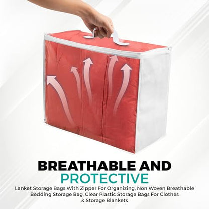 Clear Plastic Storage Bag (3-Pack) 20x20x8 - Zipper, Blankets | Breathable Non-Woven Sides, Foldable, Comforters, Bedding, Clothes, Sweaters, College, Dorm, Packing