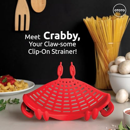 OTOTO Crab Clip-On Strainer - Silicone Pasta Strainer with Stainless Steel Tongs - Unique Kitchen Gadgets, Cooking Gifts for Women, Kitchen Essentials, Funny Gifts, Kitchen Accessories - (Crabby)