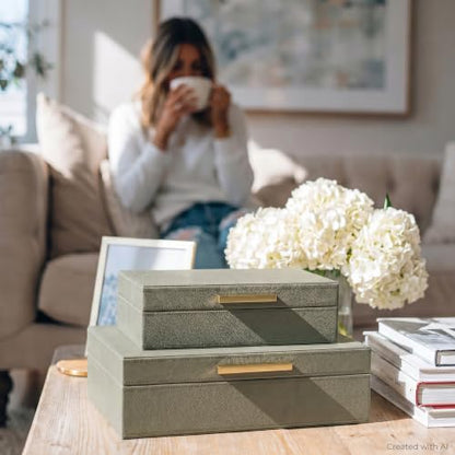 ZICOTO Decorative Storage Boxes with Lids – Set of 2 Beautiful PU Leather Organizer Bins for Your Bookshelf Home Decor - Safely Store Photos, Documents and Memory Box Keepsakes in Style
