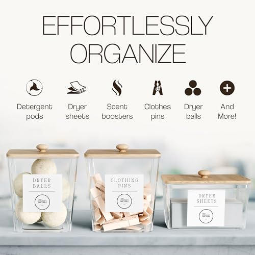 3 Pack Acrylic Laundry Room Organization Containers with Gold & Wood Knobs – Laundry Pods Container & Detergent Organizer Set | Clear Laundry Jars | Scoops & Customizable Labels | Storage Canisters