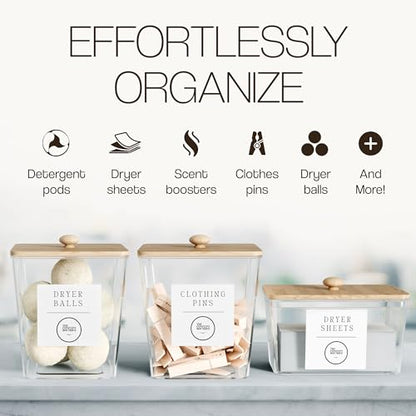 3 Pack Acrylic Laundry Room Organization Containers with Gold & Wood Knobs – Laundry Pods Container & Detergent Organizer Set | Clear Laundry Jars | Scoops & Customizable Labels | Storage Canisters