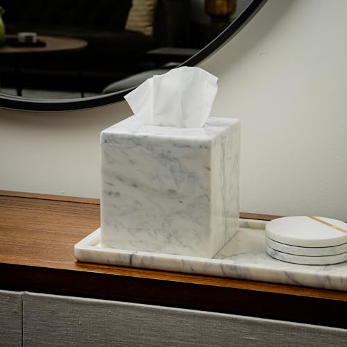 Cork & Mill Marble Tissue Box Cover for Kleenex and More, Square Cube | Real Solid White Stone, Facial Tissue Dispenser Holder for Bathroom Counter, Large Decorative Accessory Container