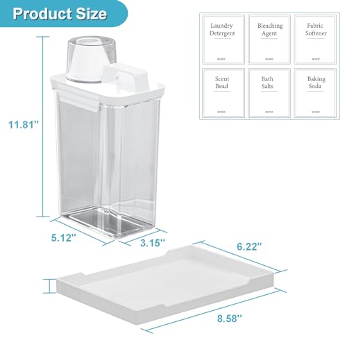 61OZ Laundry Detergent Dispenser Container, 2 Pack Liquid Laundry Dispenser, Plastic Detergent Dispensers for Laundry Powder/Fabric Softener with Tray 6 Labels, Clear