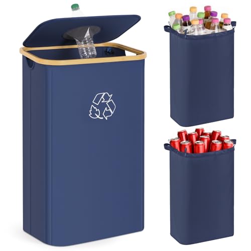 Recycling Bin for Kitchen, 26 Gallon 100L Indoor Home Recycle Bin with Lid and 2 Removeable Reusable Inner Bags, for Bottles, Cans, Glass, Plastic & Stickers, Blue