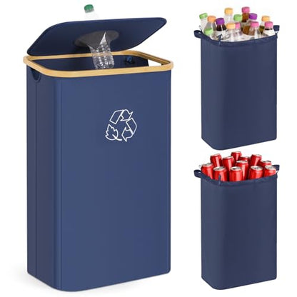Recycling Bin for Kitchen, 26 Gallon 100L Indoor Home Recycle Bin with Lid and 2 Removeable Reusable Inner Bags, for Bottles, Cans, Glass, Plastic & Stickers, Blue