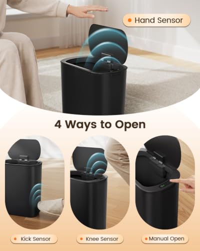 TIPGO 5 Gallon Motion Sensor Bathroom Trash Can with Lid, Automatic Garbage Can Touchless, Smart Plastic Waste Basket for Narrow Spaces, Bathroom, Office, Bedroom, Living Room (Black)