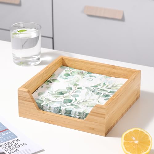 Bamboo Napkin Holder, 7.36" x 7.36" x 2.16" Napkin Holder | Napkin Dispenser with Large Side Opening for Easy Access, Large Storage Square Napkin Dispenser, Home Kitchen Tabletop Decor