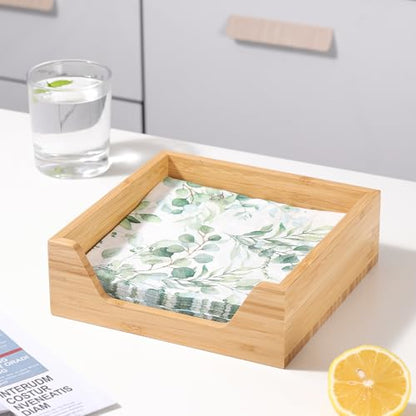 Bamboo Napkin Holder, 7.36" x 7.36" x 2.16" Napkin Holder | Napkin Dispenser with Large Side Opening for Easy Access, Large Storage Square Napkin Dispenser, Home Kitchen Tabletop Decor