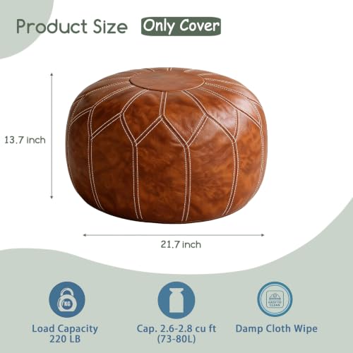 Thgonwid Round Unstuffed Pouf Cover, Faux Leather Storage Ottoman, Boho Moroccan Foot Stool, Multi-Purpose Home Decor for Living Room, Bedroom and Balcony, Brown, No Filling Included