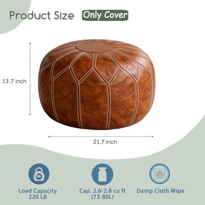 Thgonwid Round Unstuffed Pouf Cover, Faux Leather Storage Ottoman, Boho Moroccan Foot Stool, Multi-Purpose Home Decor for Living Room, Bedroom and Balcony, Brown, No Filling Included
