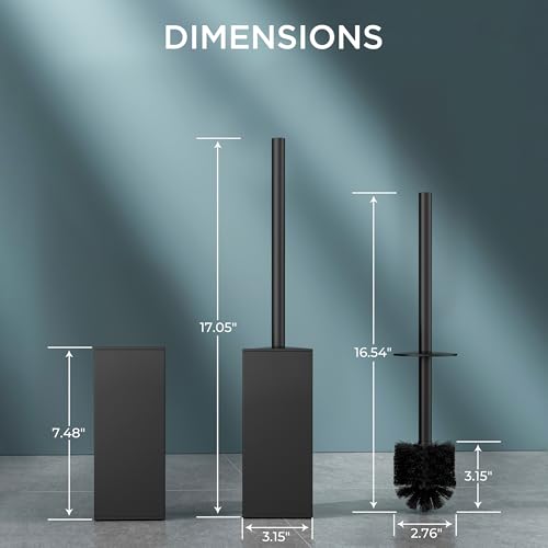 FORIOUS Toilet Brush and Holder Set with 2 Brush Head Square Medium Black | Heavy Duty 304 Stainless Steel Base, Silicone and Plastic Brush Heads, Long Handle for Deep Cleaning, Drip-Proof