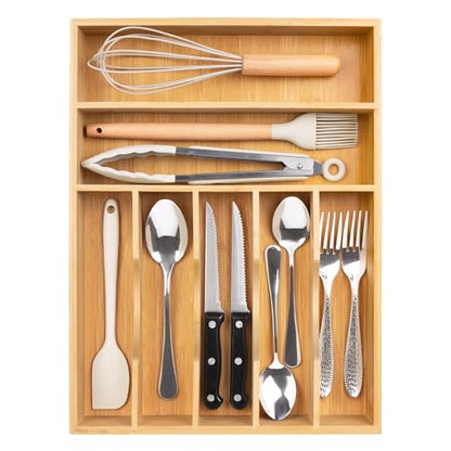 Utensil Organizer 13'' Silverware Drawer Organizer Cutlery Kitchen Bamboo | Natural Bamboo, 7 Compartment, Durable, Small Narrow Organizer, Silverware Tray, Utensil Holder, Silverware Drawer Organizer