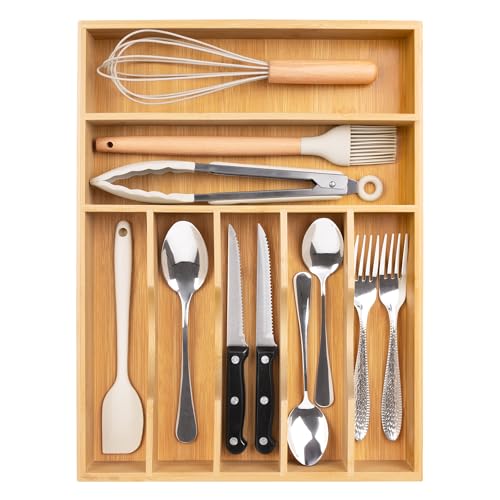 Utensil Organizer 13'' Silverware Drawer Organizer Cutlery Kitchen Bamboo | Natural Bamboo, 7 Compartment, Durable, Small Narrow Organizer, Silverware Tray, Utensil Holder, Silverware Drawer Organizer