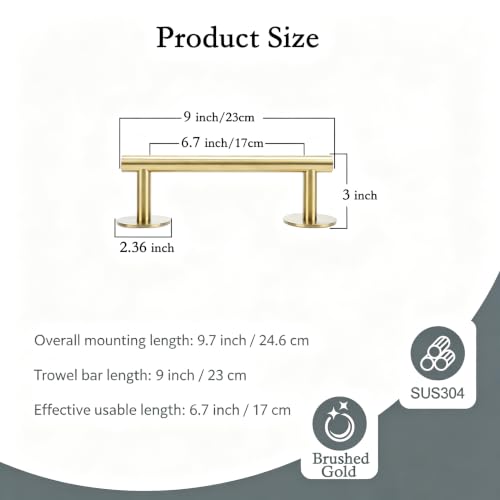 9" Self Adhesive Brushed Gold Towel Holder, No Drill Small Bathroom Organizer, 304SS