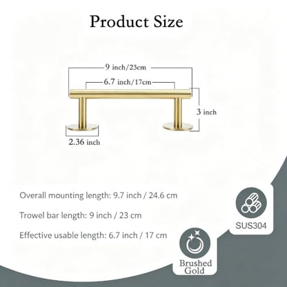 9" Self Adhesive Brushed Gold Towel Holder, No Drill Small Bathroom Organizer, 304SS
