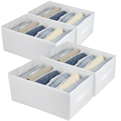 Fordonral Extra Large Clothes Closet Organizer 6 Compartments for Jean Sweater Sheets to Shirt - Divided Clothing Storage Boxes for Closet, Wordrobe, Bedroom, Shelf (4pc White)