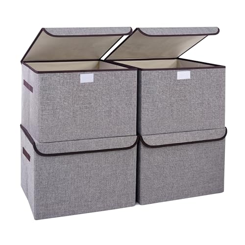 Large 22 Quart Linen Fabric Foldable Storage Bin Cube Organizer Basket with Flip-Top Lid & Handles, Clothes Blanket Box for Home, Office, Closet, Gray, 4 Pack 14.6 x 9.5 x 9.5”