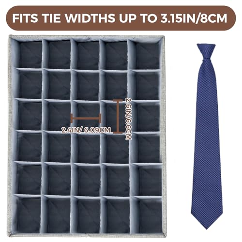 Gray Sock Organizer Divider 2 Pack with Lid - 30 Cell Foldable Closet Storage, Tie Organizer For Men Boxes for Socks, Ties, Belts