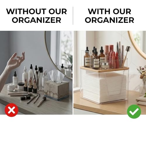 Disposable Facial Towels Holder, 2 in 1 Facial Towels Storage Box | Clear Acrylic Box with Bamboo Lid Stackable Vanity Organizer Cosmetics Organizer Compatible with Clean Skin Club Towel XL
