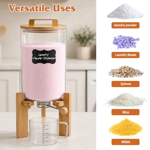 Laundry Detergent Dispenser,Glass Laundry Powder Dispenser with Bamboo Base，Suitable for Scent Beads and Powdered Laundry Detergents in the Laundry Room，Capacity: 4L/8lb/128oz