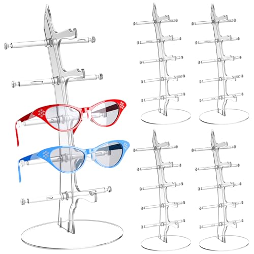 RattanView 4 Pcs Eyeglasses Storage Display Stand Holder 5-Slot Clear Acrylic Sunglasses Storage Organizer Easy Assembly Ideal for Home or Retail Use