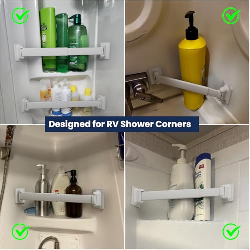 RV Shower Corner Storage Bar, Bathroom Shelf Caddy for Organization | Adjustable 10-15.5'', Aluminum Rod and Plastic End, Pre-attached High-adhesion Pads, Keep Shower Essentials Organized, 2 Pack