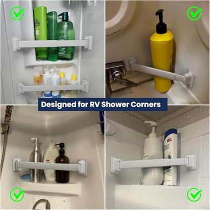 RV Shower Corner Storage Bar, Bathroom Shelf Caddy for Organization | Adjustable 10-15.5'', Aluminum Rod and Plastic End, Pre-attached High-adhesion Pads, Keep Shower Essentials Organized, 2 Pack