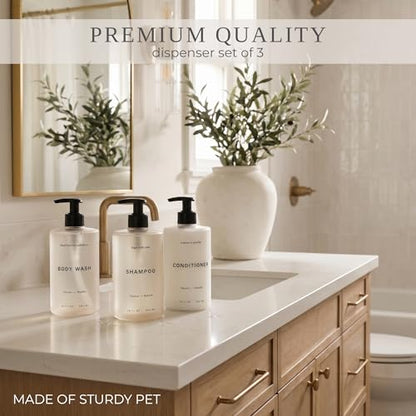 Stylish Shampoo and Conditioner Dispenser Set of 3 - Modern 20oz Shower Soap Bottles with Pump and Labels - Easy to Refill Body Wash Dispensers for an Instant Bathroom Decor Upgrade