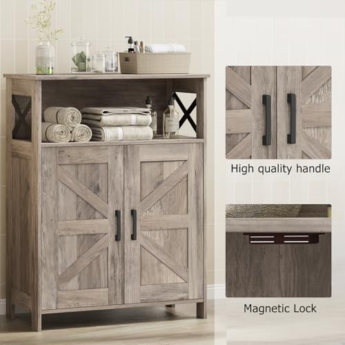 Homhedy Farmhouse Bathroom Storage Cabinet with Doors, Small Floor Cabinet | Toilet Paper Cabinet with Adjustable Shelf, Freestanding Storage Cabinet for Kitchen/Laundry/Living Room, 24"W, Greige