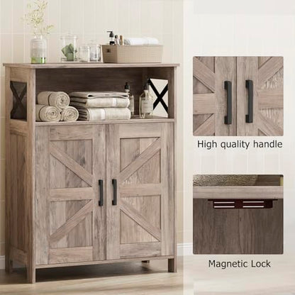 Homhedy Farmhouse Bathroom Storage Cabinet with Doors, Small Floor Cabinet | Toilet Paper Cabinet with Adjustable Shelf, Freestanding Storage Cabinet for Kitchen/Laundry/Living Room, 24"W, Greige