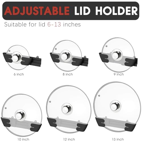 Adjustable Universal Pot Lid Holder Organizer for Cabinet - Upgraded Patented 3 Pack Pan Lids Organizers Inside Door Wall Mount Pots Top Rack for Kitchen Cupboard Fit 6" to 13" (Black)