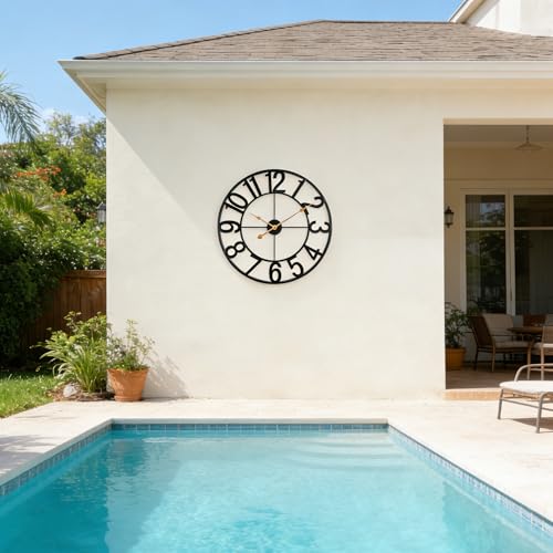 Outdoor Clock for Patio Waterproof, 14 Inch Large Outdoor Wall Clock Battery Operated, Silent Non-Ticking Metal Garden Clock for Pool, Porch, Backyard, Fence – Black Vintage Farmhouse Decor