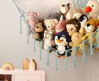 Stuffed Animal Hammock-Large Stuffed Animal Net For Toys Corner-Hanging Stuff Animal Toy Storage Organizer For Plush Plushie Display Light Blue Girl Room Bedroom Boho Nursery Decor Toy Storage