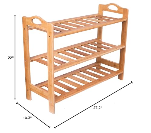 BIRDROCK HOME 3 Tier Free Standing Shoe Rack with Handles | Bamboo | Wood | Closets and Entryway | Organizer | Fits 9 Pairs of Shoes