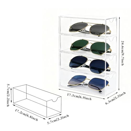 Acrylic Sunglasses Organizer with 4 Drawers | Clear Eyeglass Holder, Eyewear Display Case, Stackable Sunglass Storage Case For Women and Men Glasses Jewelry Watch Storage
