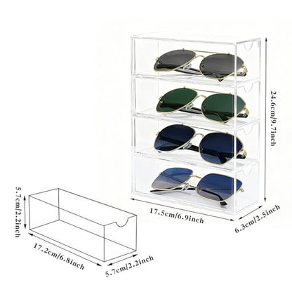 Acrylic Sunglasses Organizer with 4 Drawers | Clear Eyeglass Holder, Eyewear Display Case, Stackable Sunglass Storage Case For Women and Men Glasses Jewelry Watch Storage