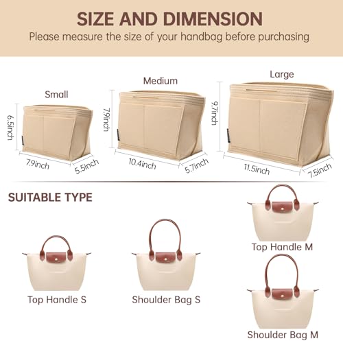 OPPOSHE Purse Organizer Insert for Longchamp Le Pliage, Premium Felt Long Champ Bag Handbag Women, Tote Organizer Insert with 9 Compartments (Large, Beige)