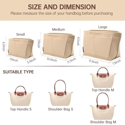 OPPOSHE Purse Organizer Insert for Longchamp Le Pliage, Premium Felt Long Champ Bag Handbag Women, Tote Organizer Insert with 9 Compartments (Large, Beige)