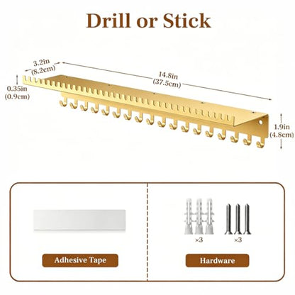 Necklace Holder Wall Hanging Organizer: Wall Mounted Jewelry Shelf with 56 Hooks and Tray, Display Hanger for Kids, Girls and Women, Gold & Metal