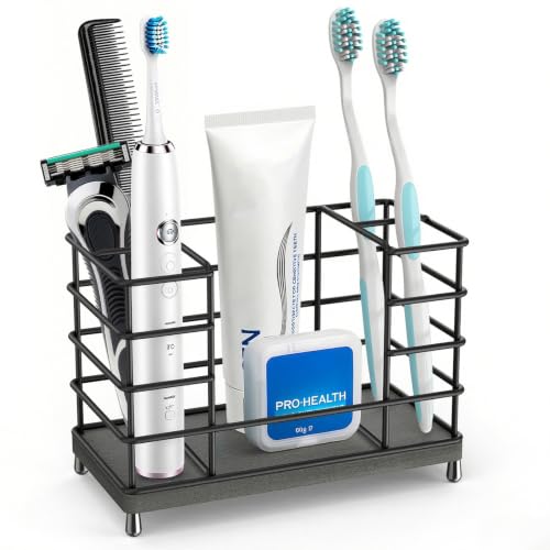 Toothbrush Holder with Quick Drying Mat—Toothbrush and Toothpaste Holders for Bathrooms—5 Slots Openwork Design Black Toothbrush Holder Set,Bathroom Counter Organizer for Electric Toothbrush