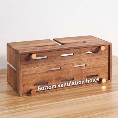 SARUFO Acacia Wood Cable Management Box - Wooden Cord Hider with 4 Metal Feet, Organizer for Desk & Floor, Power Strip TV Wire Concealer, Under Desk Storage for Office, Home Electrical Cables