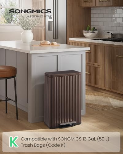 SONGMICS Trash Can, 13 Gallon (50 L) Garbage Can for Kitchen, with Lid, Pedal, and Removable Inner Bucket, Soft Close, Stainless Steel, 15 Trash Bags (Code K) Included, Brown ULTB586MZ01