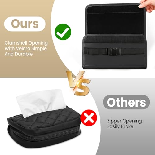 Large Car Tissue Holder, Refill Easily Clamshell Opening, Black 1PC | Tissue Box Cover Keep Car Tidy, Premium PU Leather Backseat Napkin Rectangle Organizer in Auto, Fits 100-150 Count Tissues