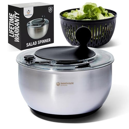 Stainless Steel Salad Spinner Large, 5.3 Qt - Lettuce, Vegetable & Fruit Washer & Dryer with Quick-Stop Brake Button, Colander Basket & Non-Slip Base (304 Stainless Steel - Black)
