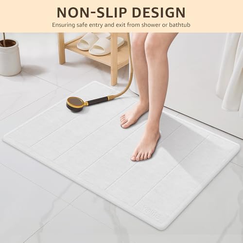 Yolife 32"x 20" Stone Bath Mat Large, Diatomaceous Earth Bath Mat for Bathroom, Super Absorbent Quick Drying Stone Shower Mat, Non-Slip Natural Diatomite Bathroom Floor Mat, Easy to Clean (White Grey)