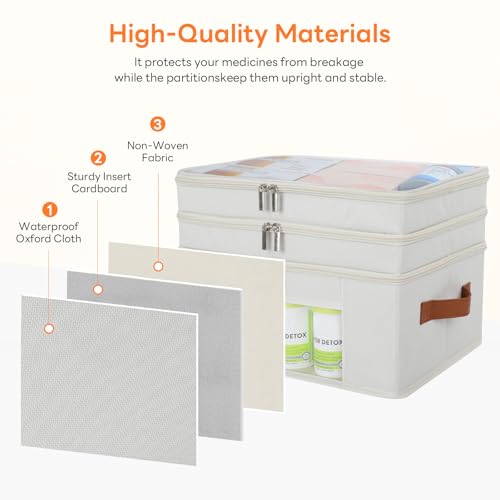 Medicine Organizer for Cabinet, 3-Tier, Beige | Foldable Storage Box, Fabic Medicine Organizer, Clear PVC Cover, Leather Handle, Empty First Aid Kit for Home and Travel